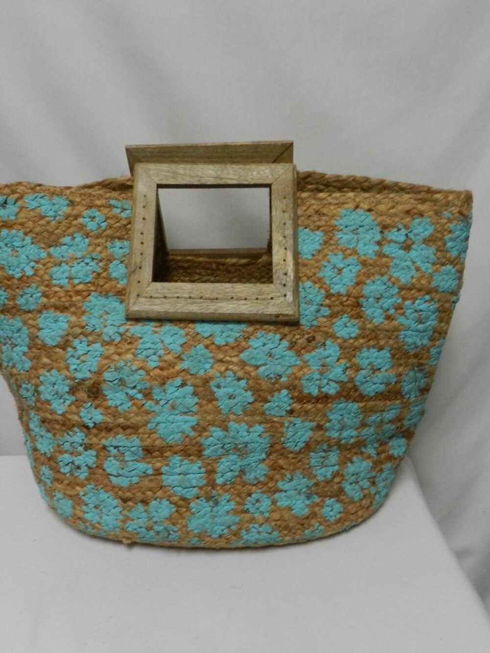 Twig & Arrow Jute large Hand painted tote bag carryall tan turquoise wood Summer